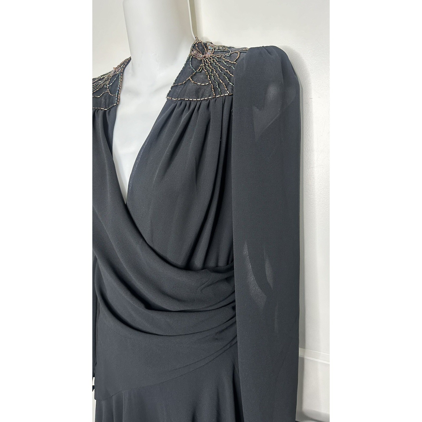 Vintage Casadei Black Chiffon Dress Beaded Shoulder RETRO GLAM SZ S