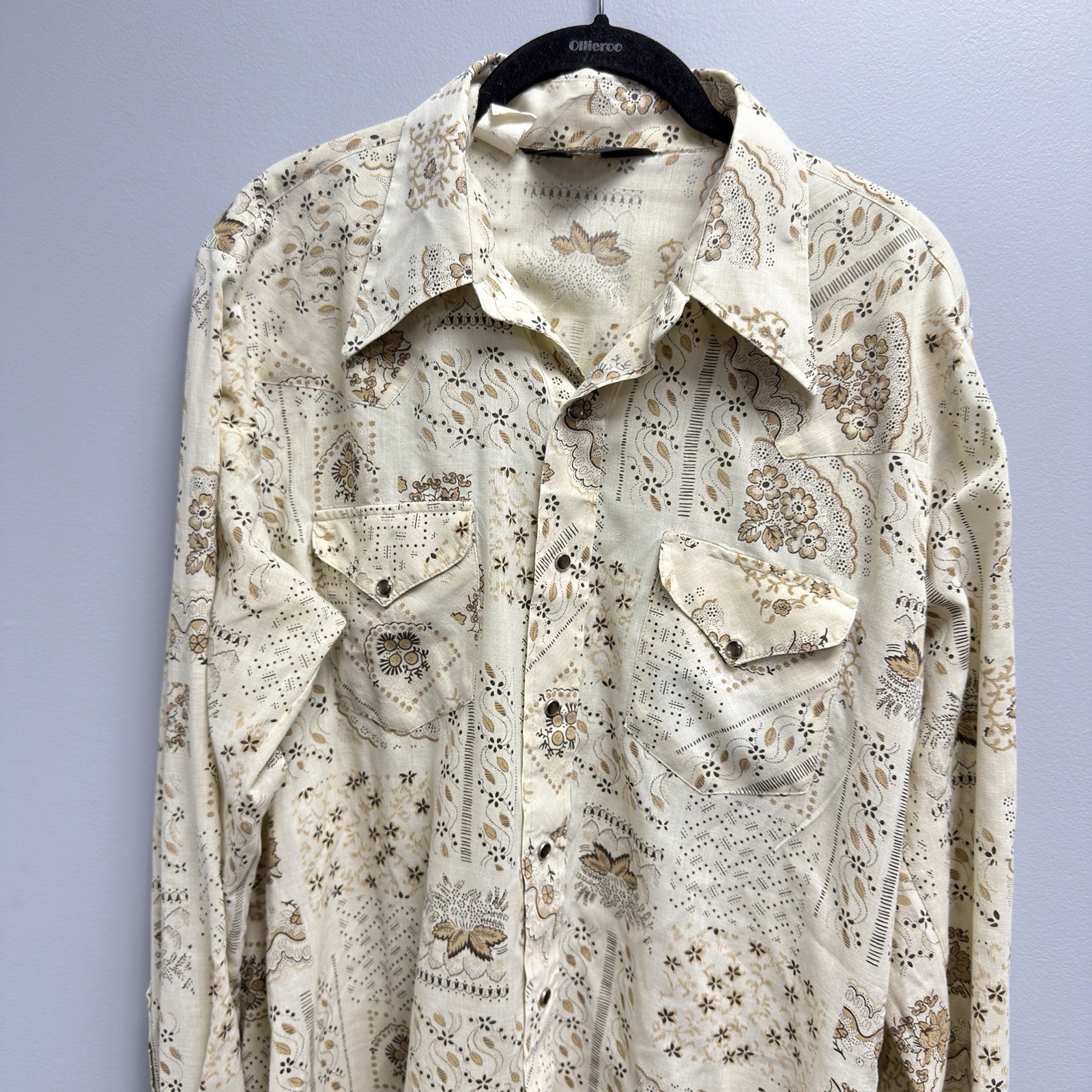 Vintage Sears Western Wear Pearl Snap Shirt Women’s L 16-16½ Beige Floral Paisly