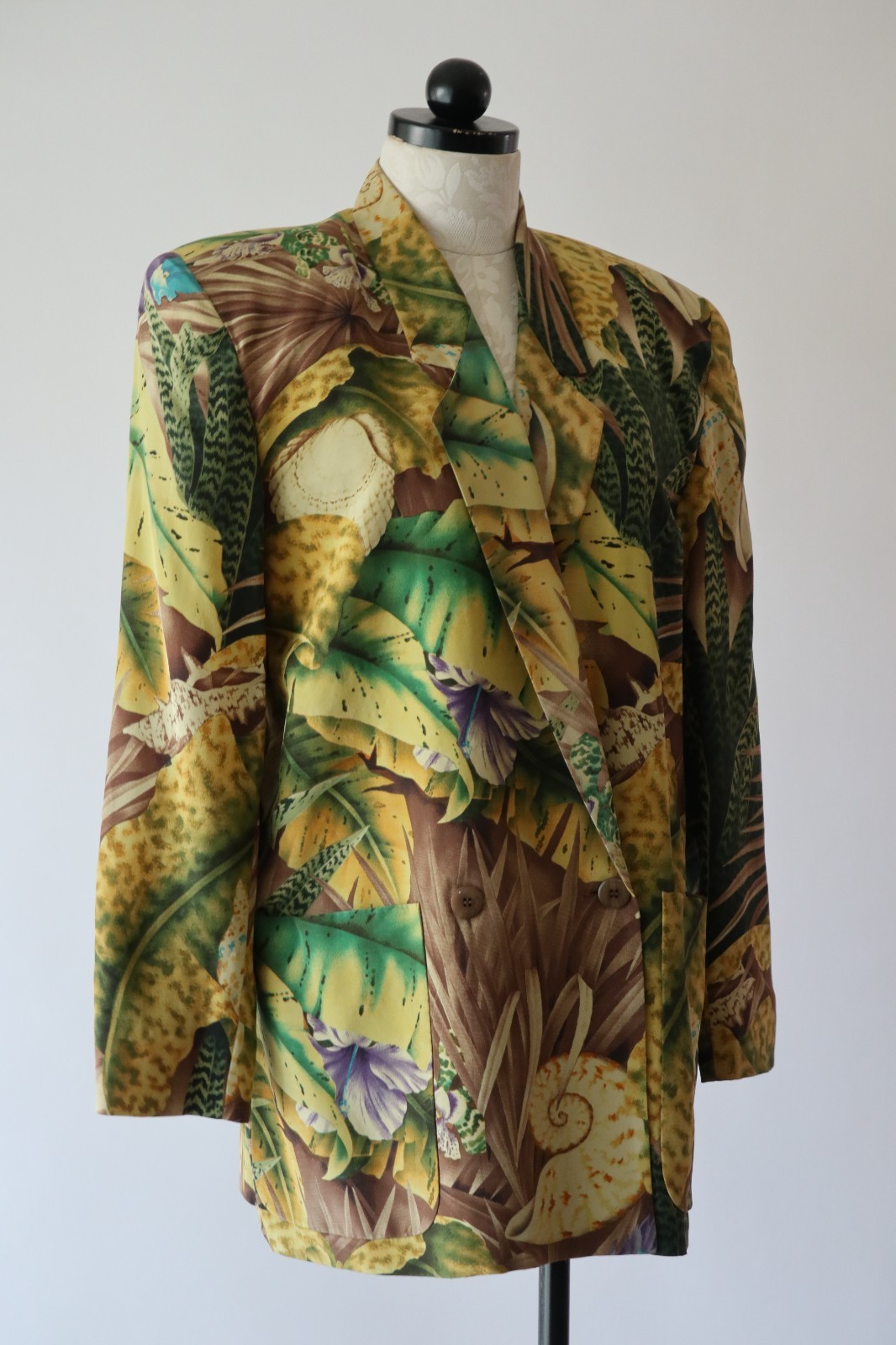 90s Linda Allard Green Brown Silk Tropical Seashells Oversized Blazer Women S M