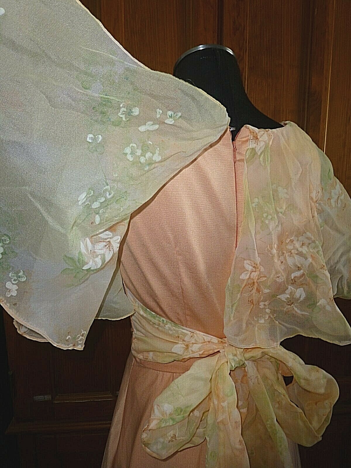 Vtg 70s Jersey Matte Cape Ruffle Floral Chiffon Boho Evening Wedding maxi Dress