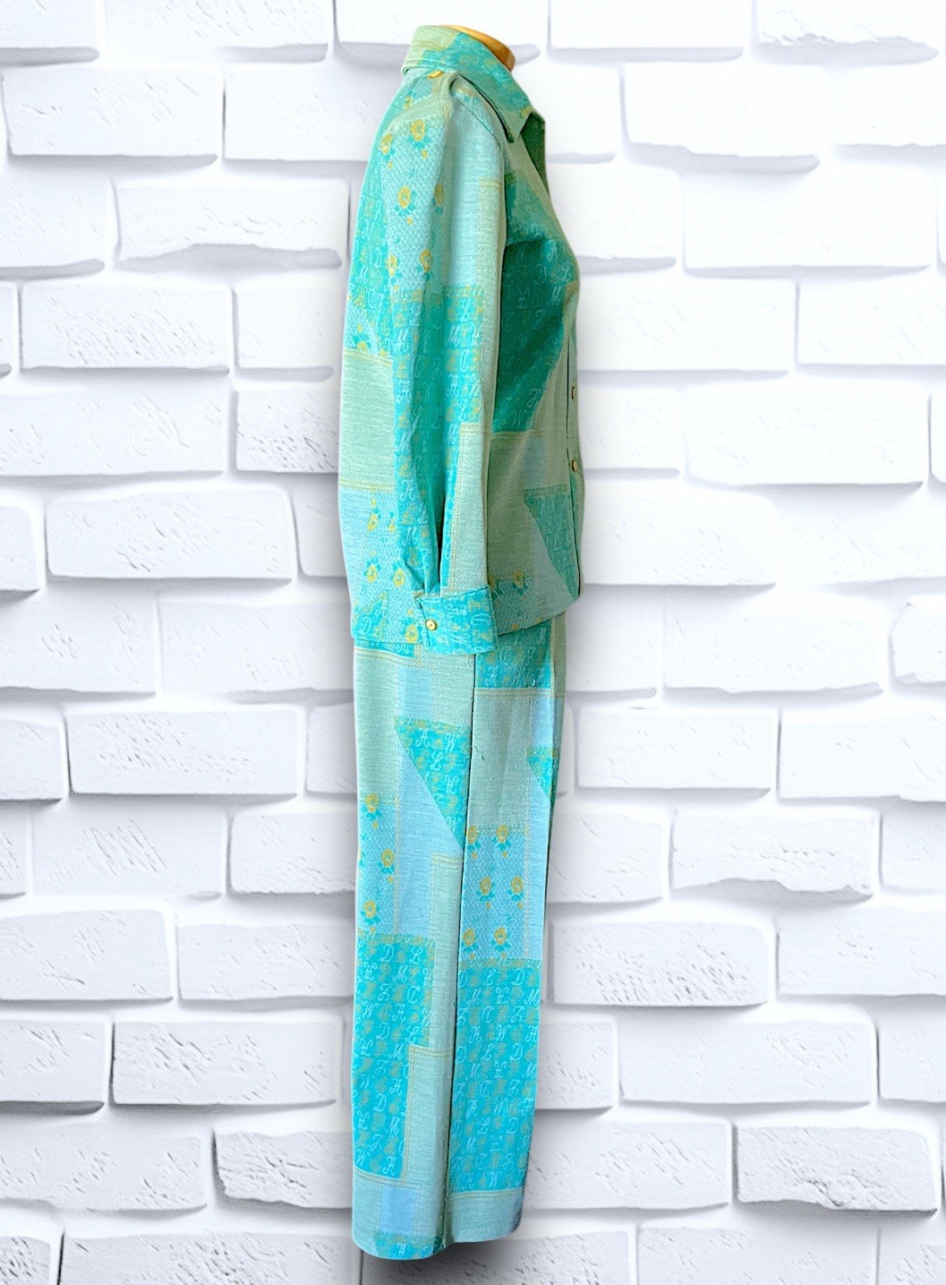 1960’s Teal, Sea Foam Green & Yellow Patchwork & Monogram Pattern Suit Spring