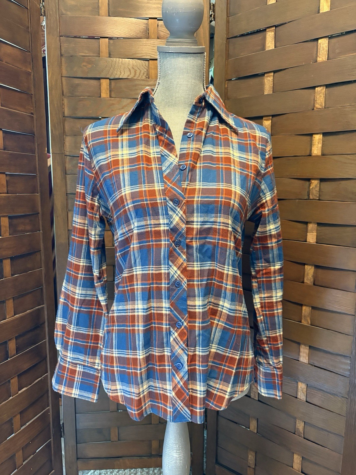 Vintage 70s Organic Cotton Flannel Button Down Plaid Red Blue Short