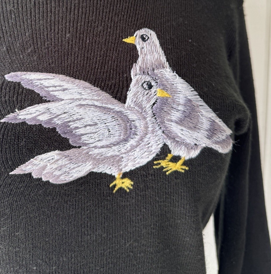 Vtg 70s Cyn Les Black Turtle Dove Embroidered Sweater Sz M Peace Messenger Boho