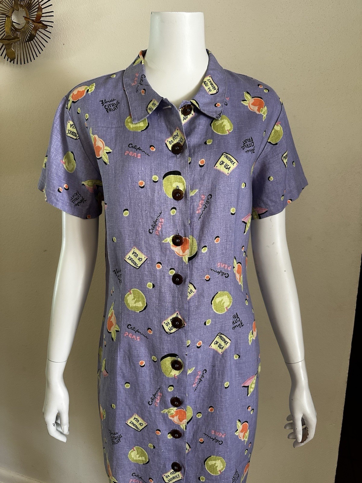 Vintage 90s Linen Novelty Citrus Fruit Shirt Dress Purple Button Front Kiko S M