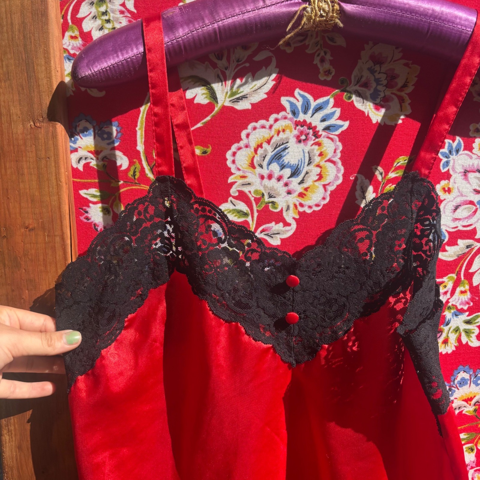 VTG Red Satin Back Lace Trim Lingerie Mini Slip Dress Romantic Goth Size M