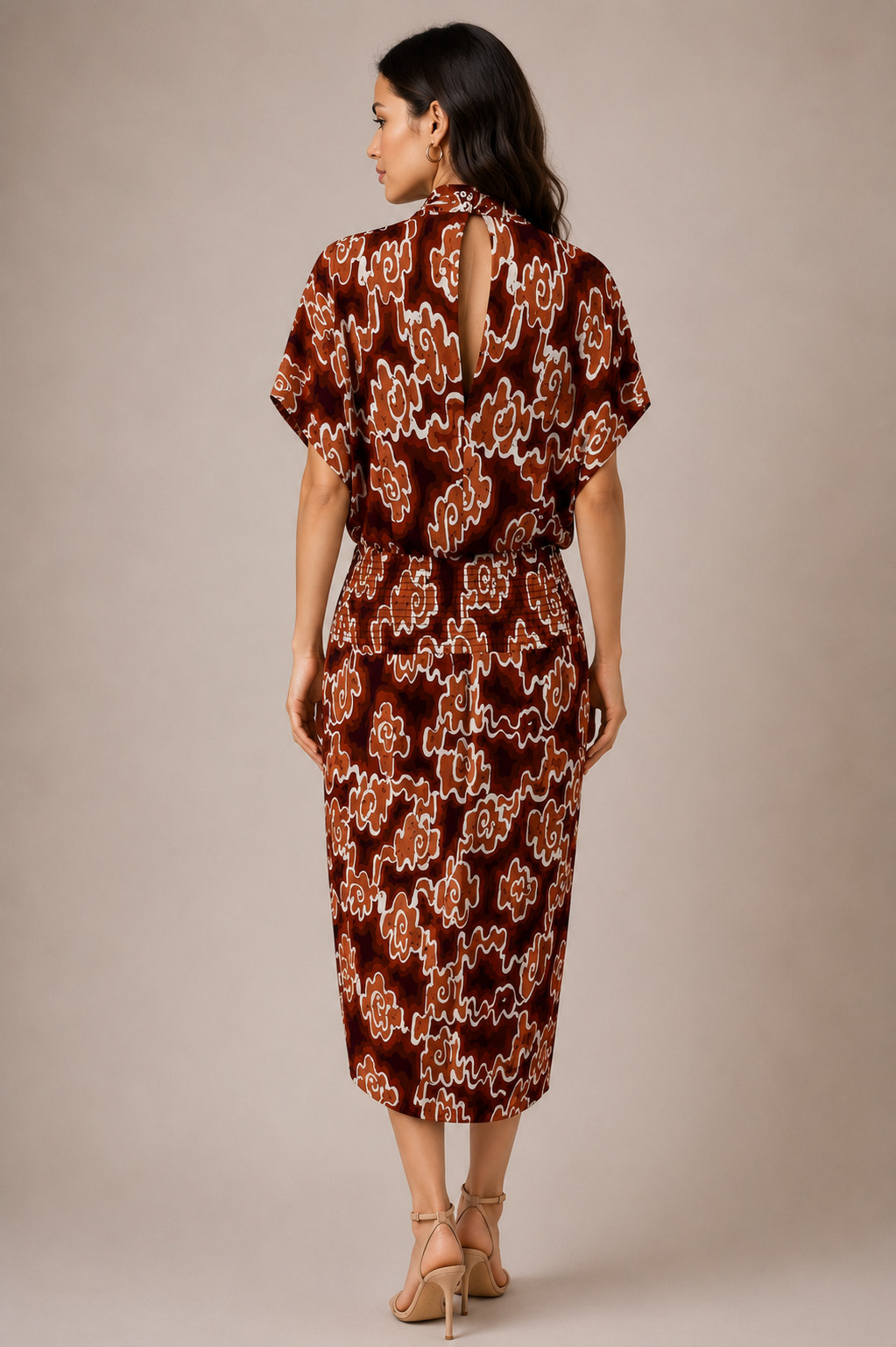 Vintage Barbara Barbara Rayon Wrap Effect Batik Print Dress Rust Cream Large