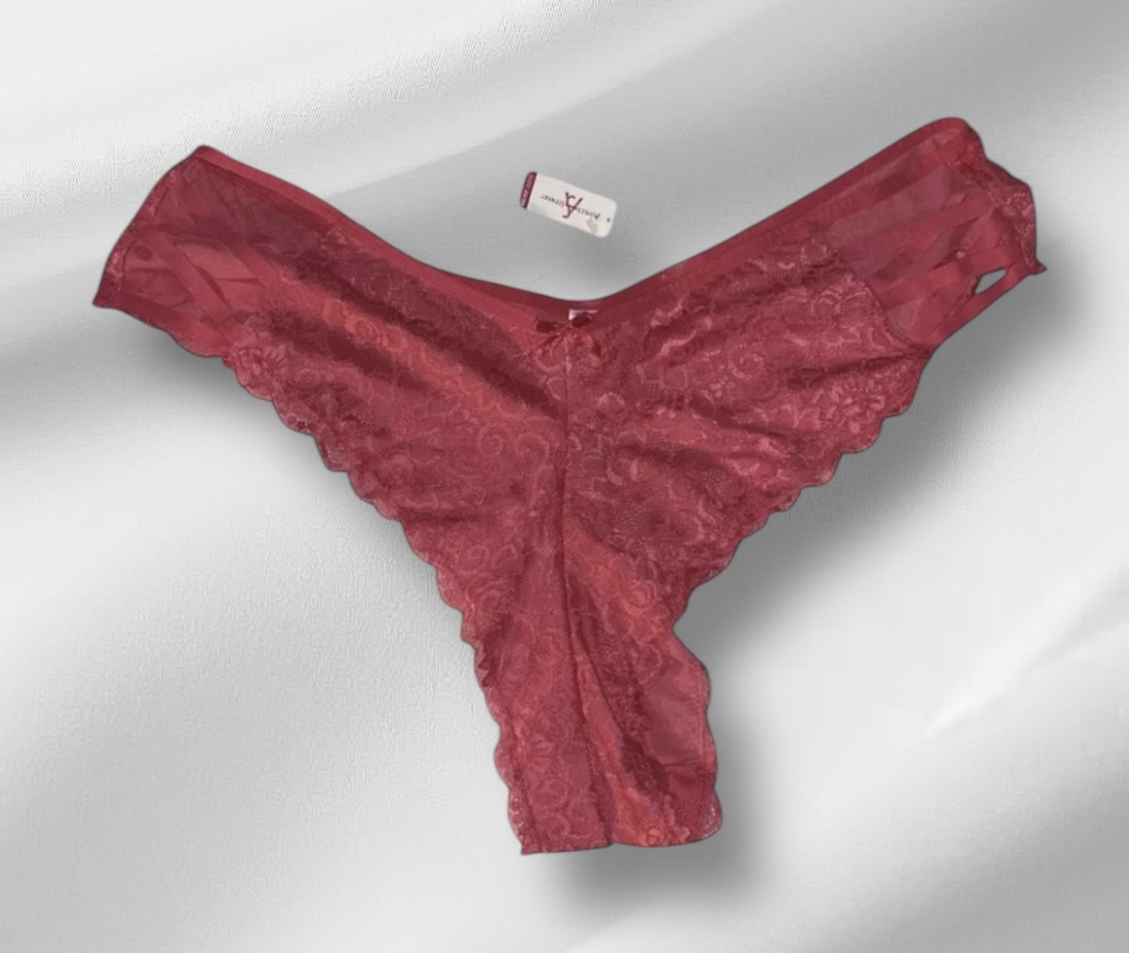 ASHLEY STEWART Pink Shiny Sheer Lace Strappy Sides Nylon Thong Panties 26/28 NWT