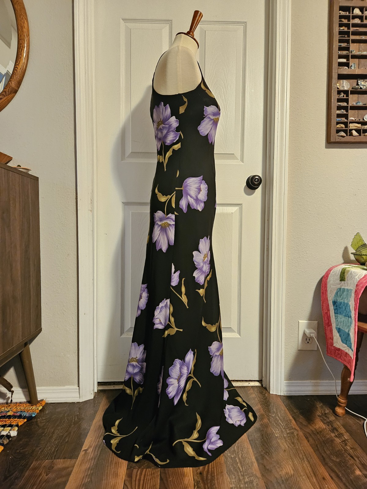 Vintage 90s Hampton Nites Black Purple Floral Sleeveless Maxi Dress Size 8