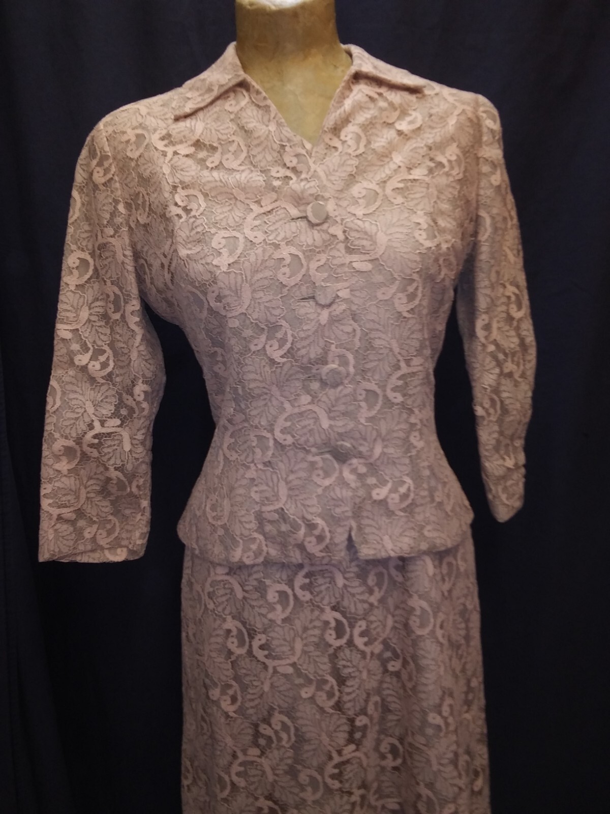 Vintage 1950’s Tan Peach Lace Dress & Jacket Set A Melody Dress M