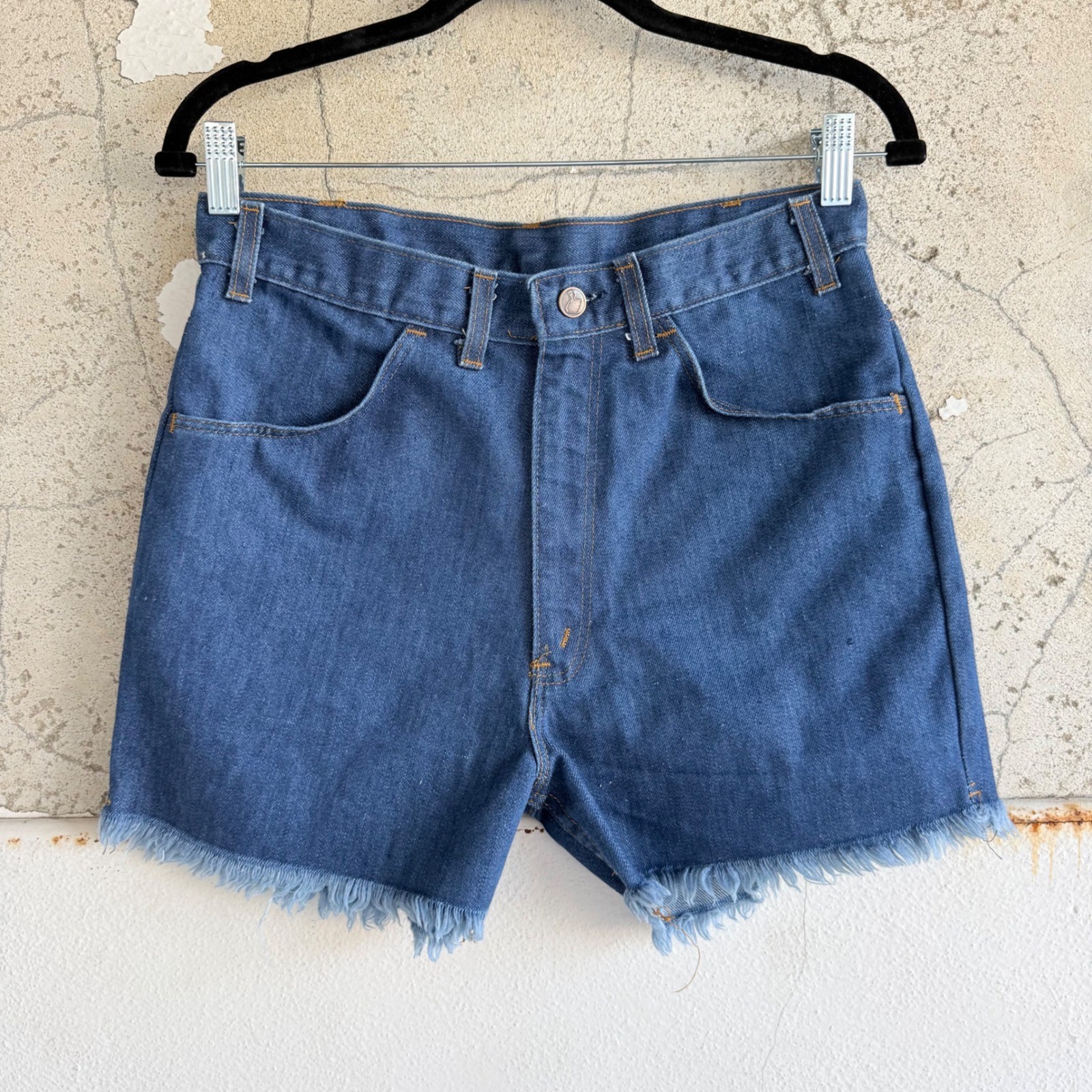 Vtg 70s Denim Shorts High Waisted Jean Cutoffs Raw Hem Sears Thumbs Up Womens 32