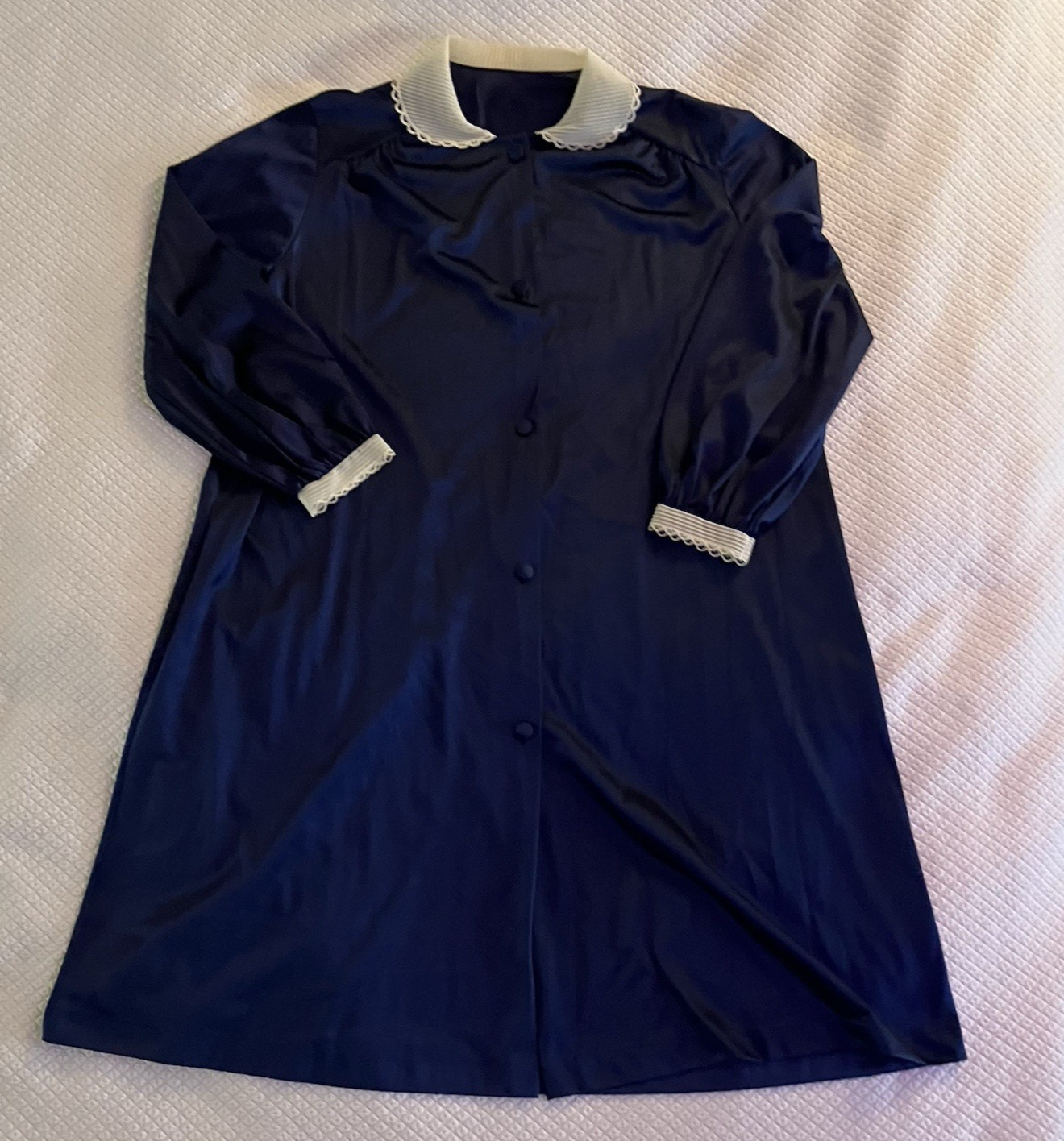 Darling Vintage Vanity Fair Nightgown Navy Blue Pleat Lace Collar/cuffs Sz M