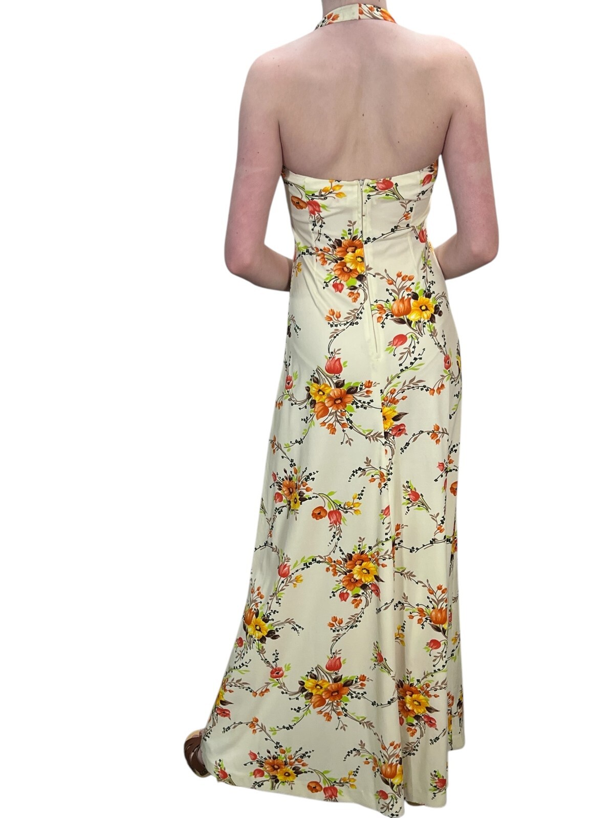 S Vtg 60s 70s Maxi Dress Lined HALTER Open Back ORANGE Floral Flat Knit Boho