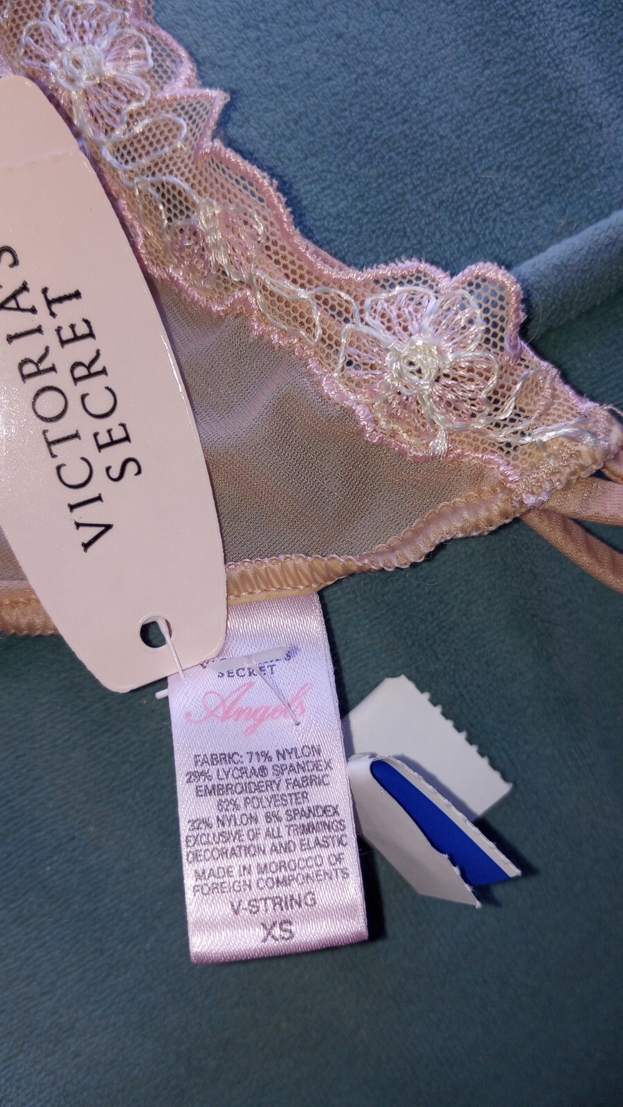 Victoria’s Secret Angels Rare Bow Embroidery Mesh V-String Panty Sheer Nude 2006