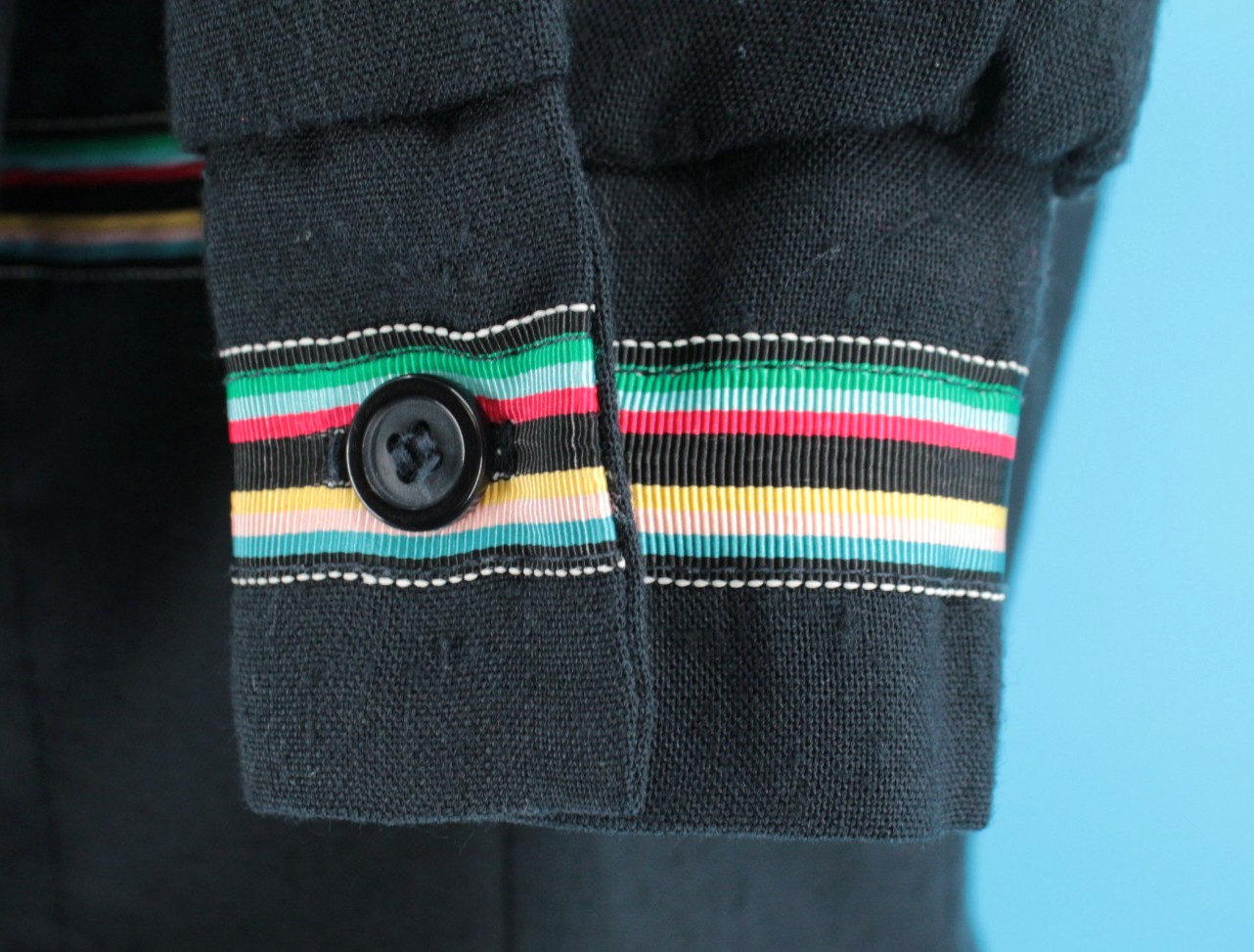 Vtg Women’s 70s 2 Pc Black W/ Rainbow Trim Dress & Top / Shirt Set XS/S 1970s