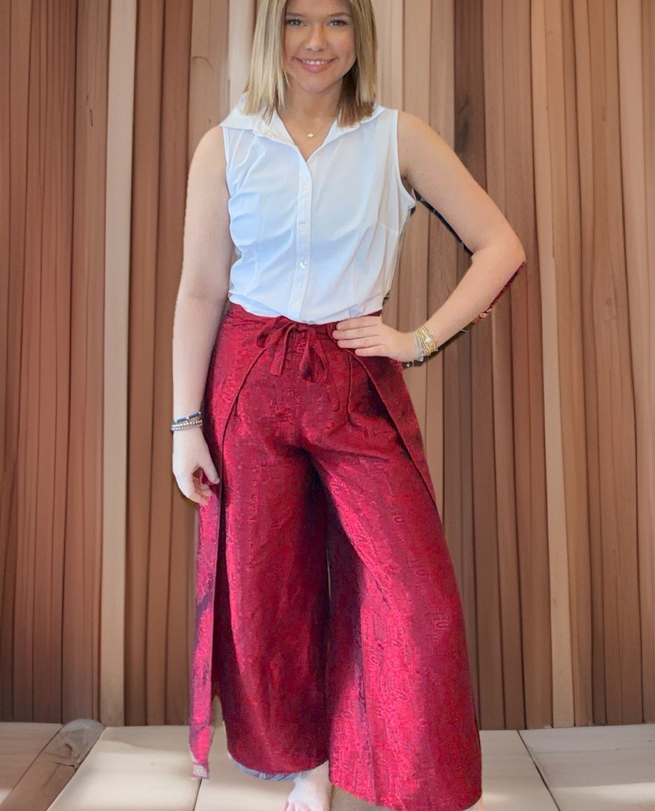 Vintage Burgundy SILK GEORGETTE CREPE WIDE LEG WRAP Fisherman PANT Thailand S