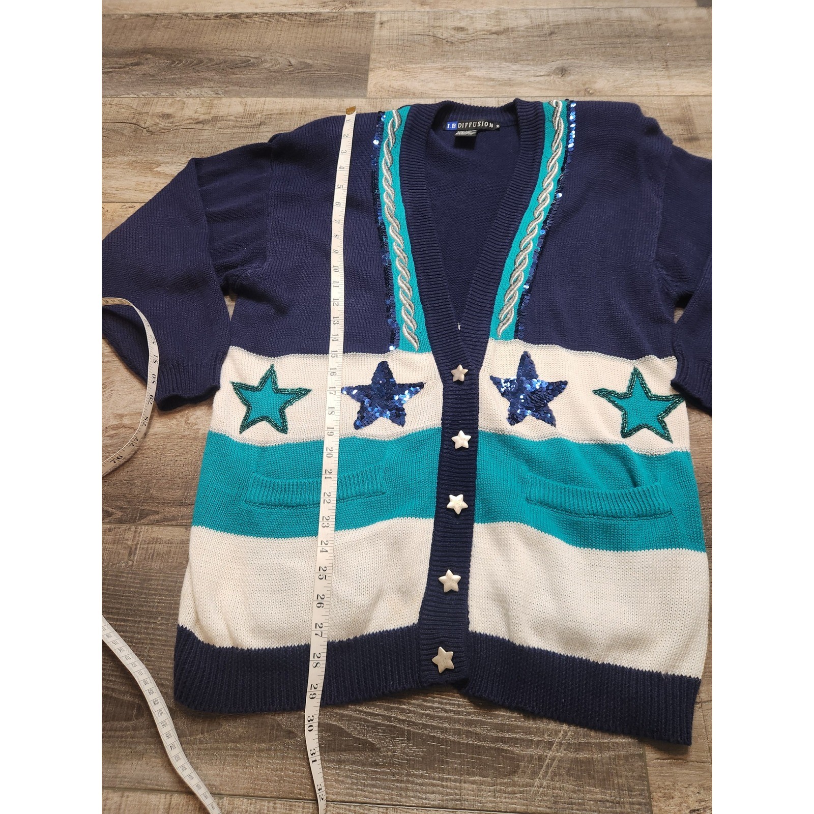 I.B. Diffusion Star Cardigan Womens Medium Navy Teal Sequin Vtg 90s Good Starry