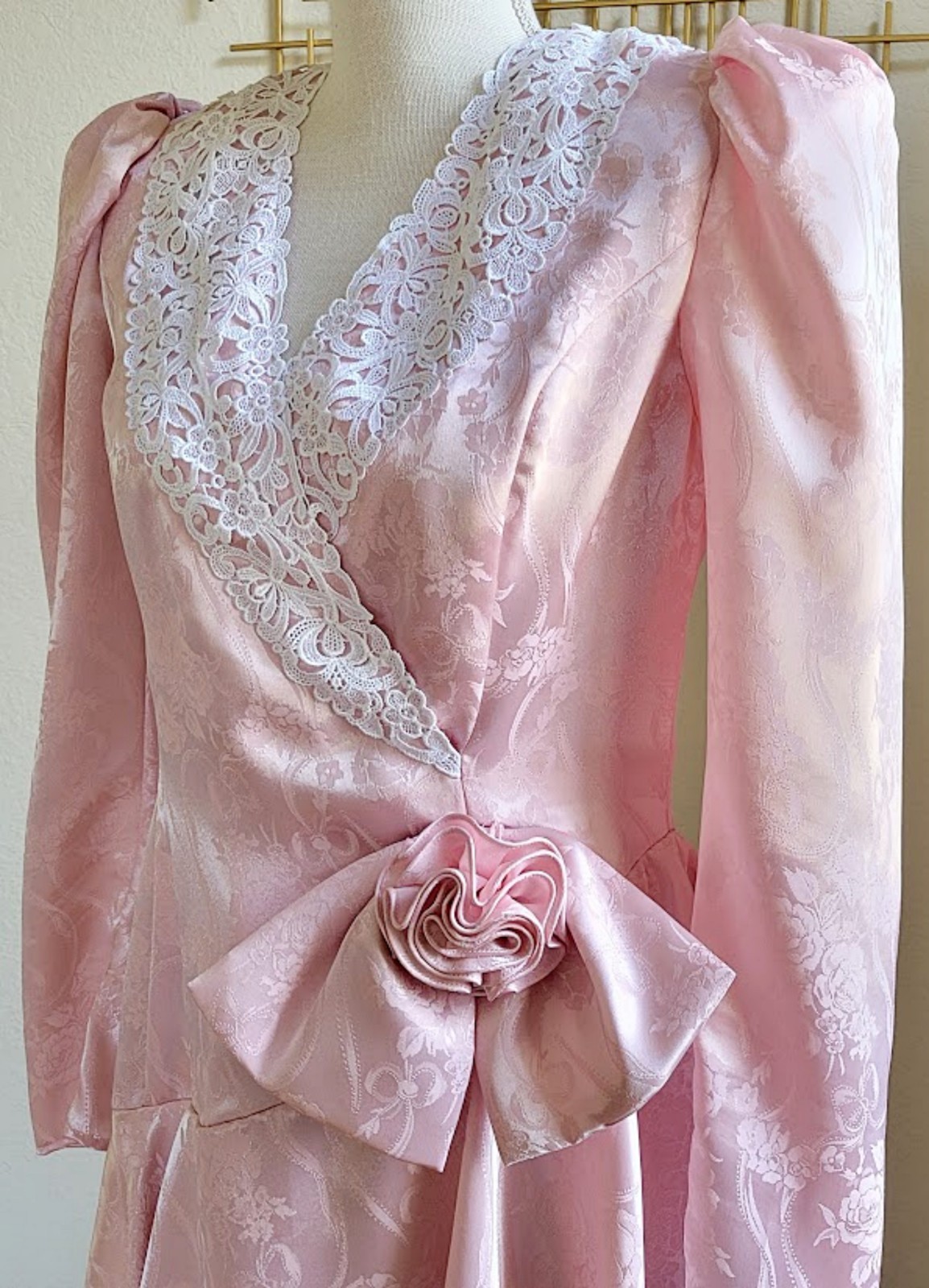 Vintage 80s Scott McClintock Pink Formal Dress 12 Gown Wedding Jacquard Peplum