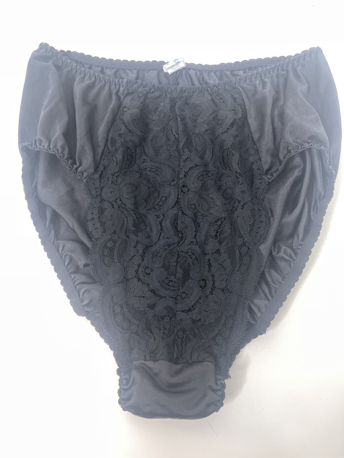 Vintage Olga Sheer Lace HI-CUT Panties #23107 black L Lacy Nylon Cotton 90s