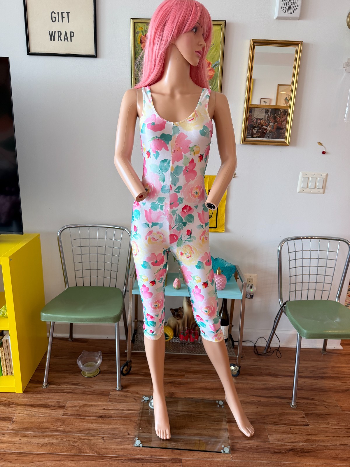 🌸 Vintage 80s Made in USA Floral Pastel Capri Leotard Spandex Jumpsuit M