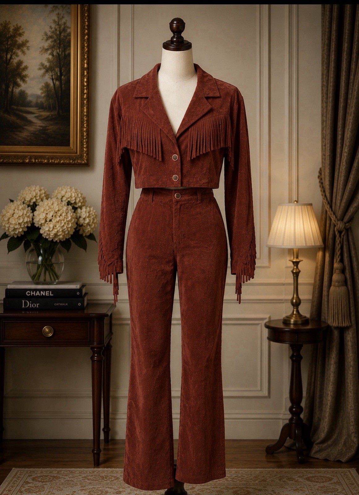 Vintage Action Wear Brown Western Fringe Jacket & Pants 2 Pc Set Size 2 Y2K