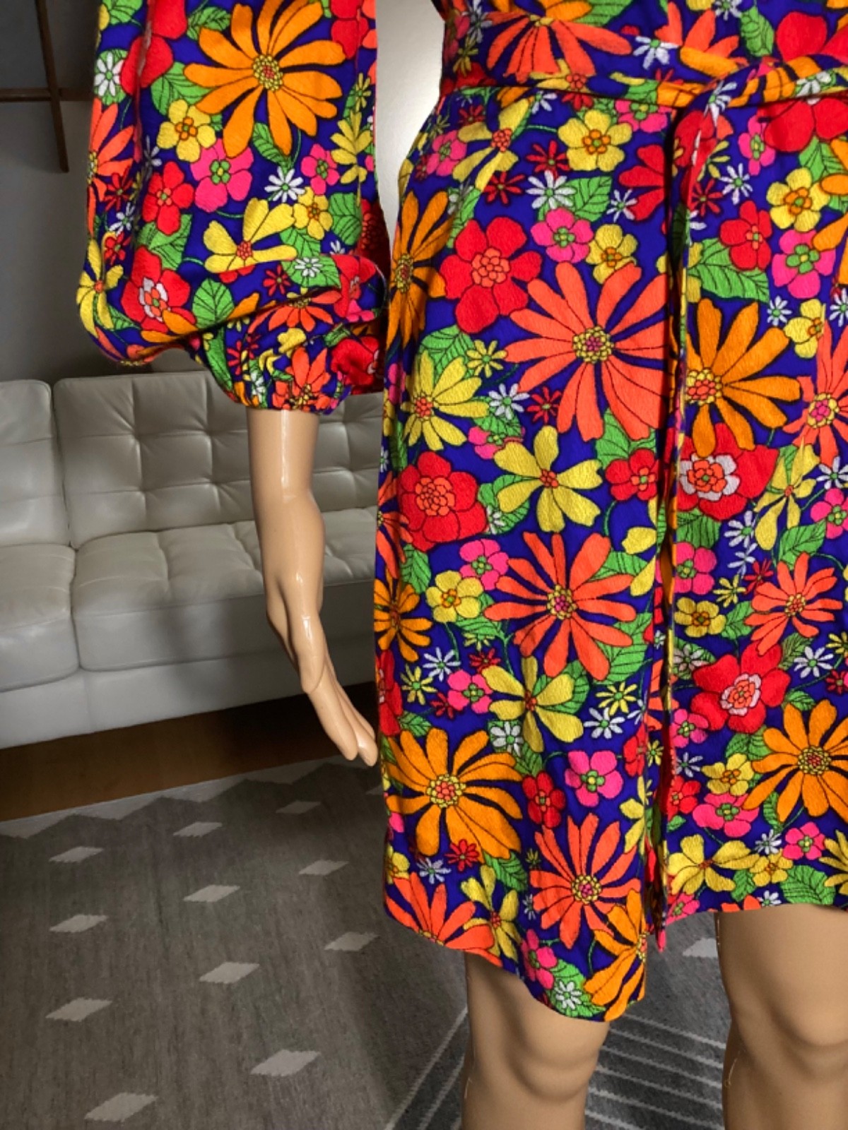 Vintage 60’s Psychedelic Belted Mini Dress Flower Power Floral Hippy Mod Go-Go