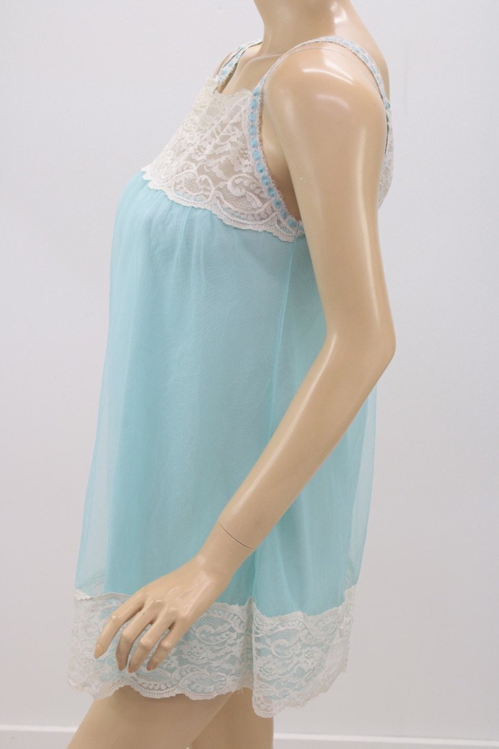 Vintage NWT Avian Nightie S Nightgown Double Nylon Blue Chiffon Lace Trim Flawed