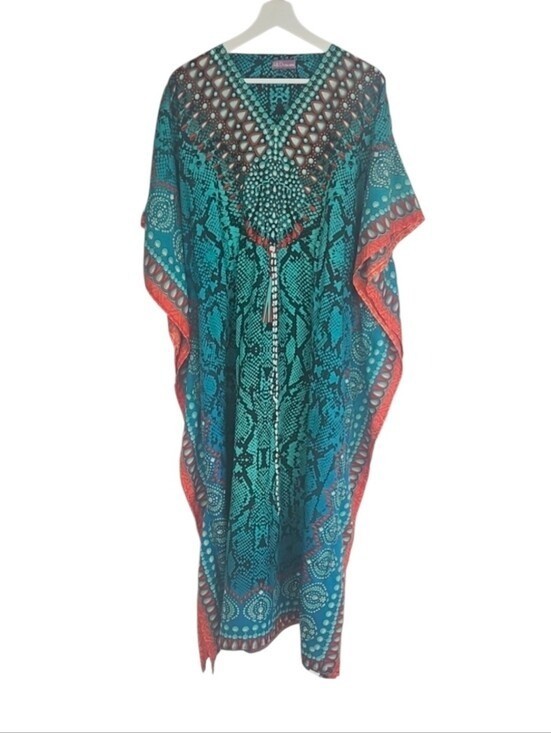 Vintage Mumu Dress Teal Green & Orange Bohemian Boho Casual House Dress