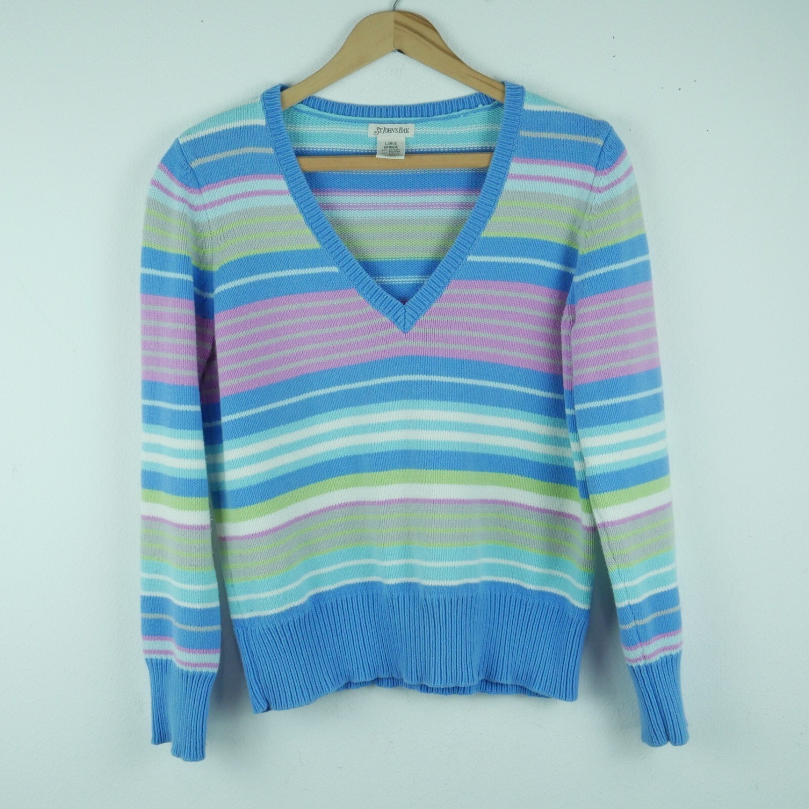 Vintage Large Sweater V Neck Striped Pastel Preppy 90s Cotton Country Club