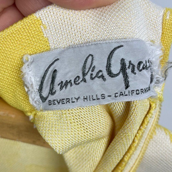 Vintage 60s 70s Amelia Gray Yellow Cream Checkered Long Sleeve Mock Neck Dress