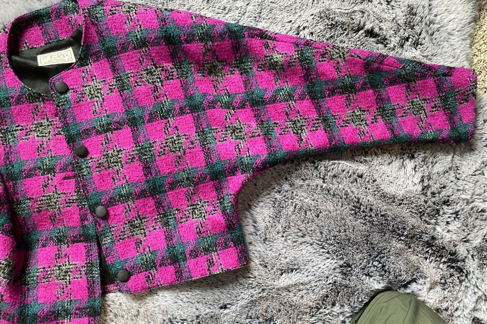 mr. jax Womens Blazer SIZE 12 Magenta Plaid Wool Dolman Sleeve Made in Canada