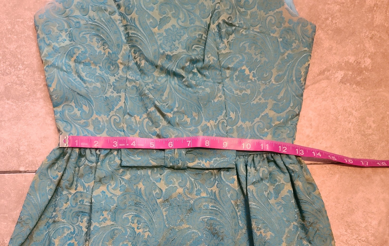 VTG 1960s Turquoise Blue & Gold Brocade Maxi Dress Women’s XS Bow Detail