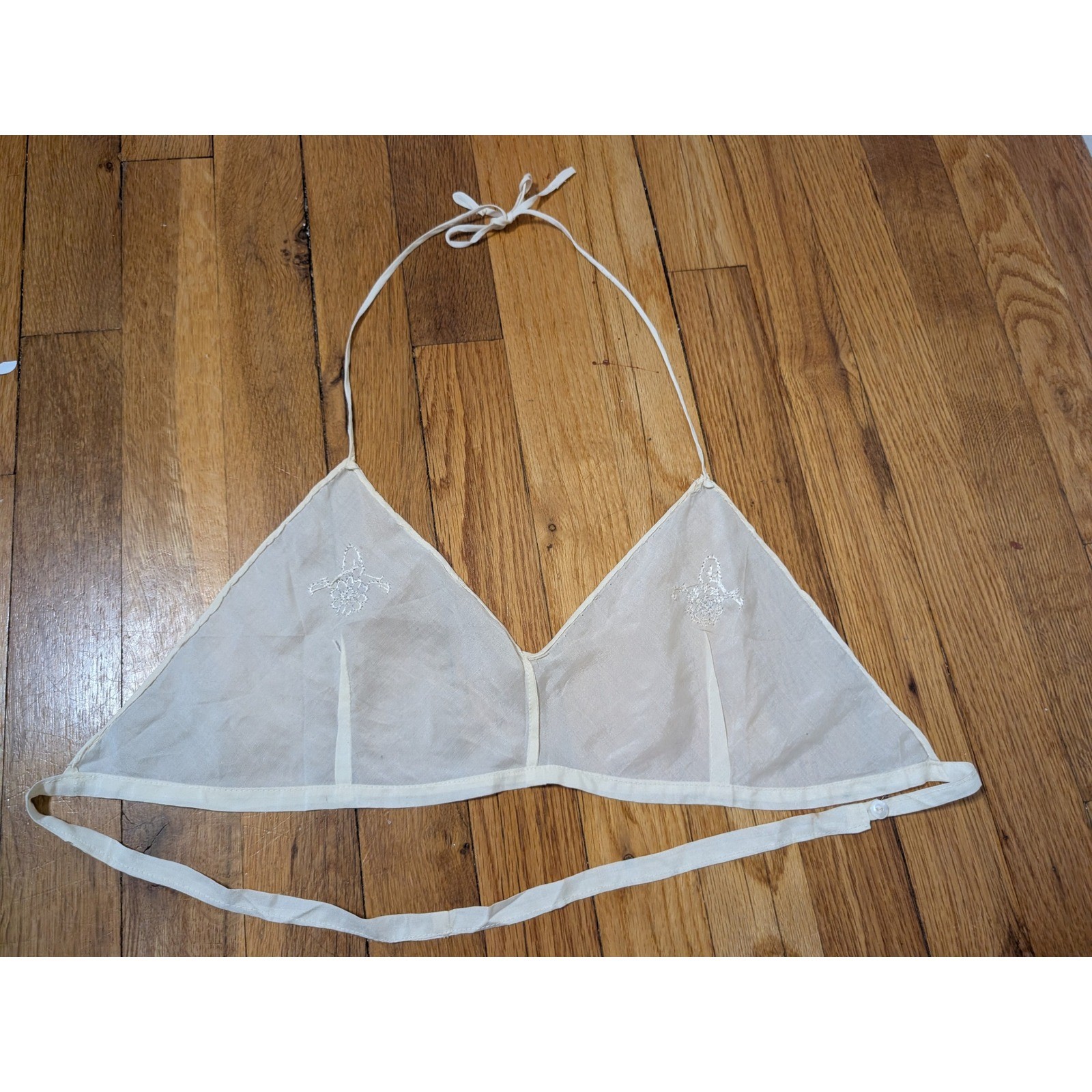 Antique Sheer Silk Embroidered Bralette White Floral Halter Button Back Lingerie