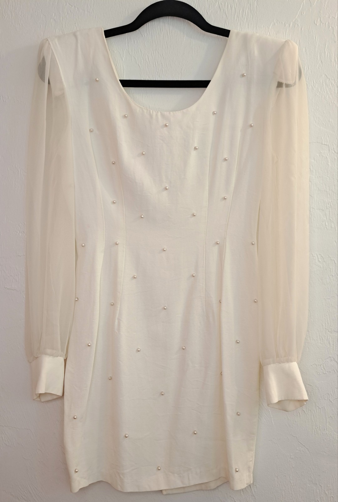 Breakin’ Loose Vtg Sz 3/4 Ivory Pearl Sheath Dress Sheer LS Wedding Angel FLAWS