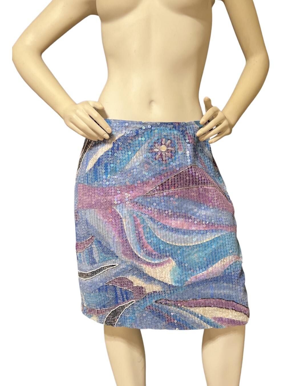 Vintage Sandy Starkman Sequin Mini Skirt 12 Brushstrokes Sky Mirror Work Cotton