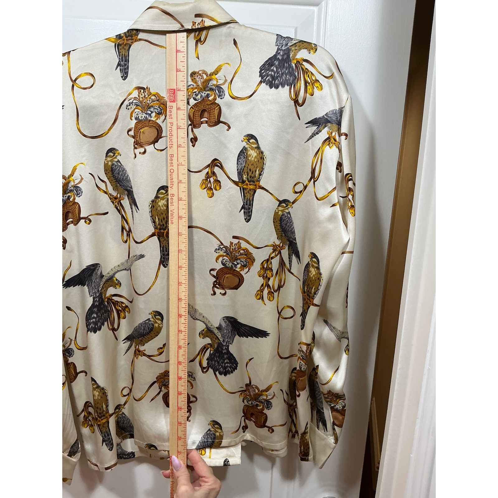 Escada Margaretha Ley Vintage Silk Falcon Print Blouse Cream Gold Bird Shirt 38