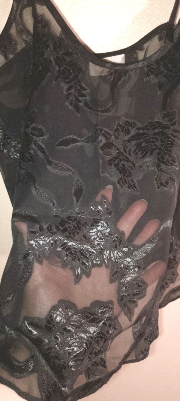 Vtg,90s,LA Intimates, sheer Black Camisole Satin Jacquard Poly/mesh Floral,Lg