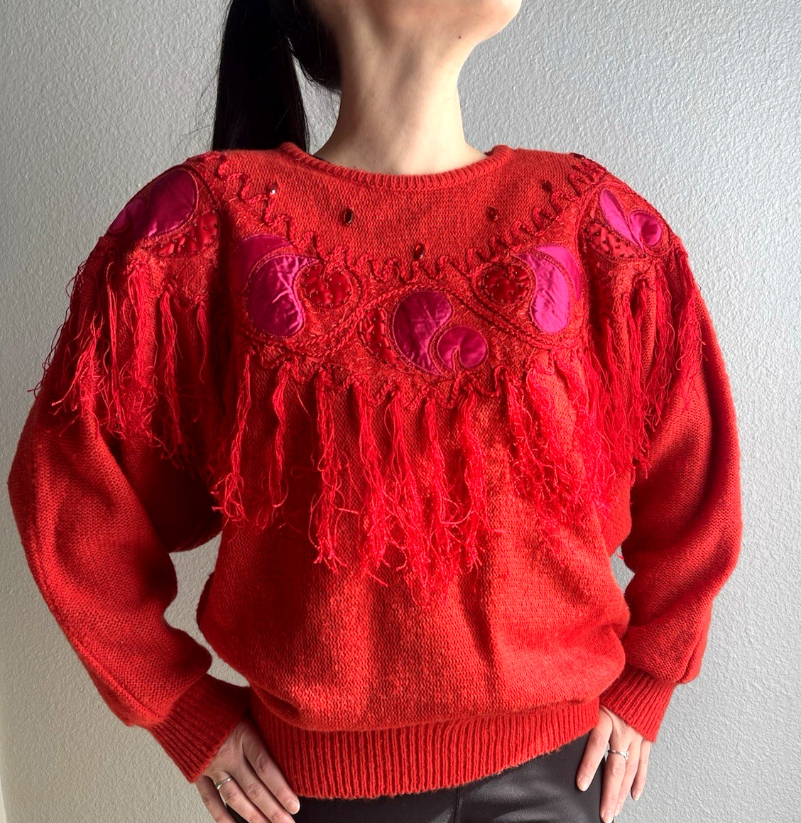 Vintage 20ans designer Mariea Kim 80’s red fringe womens sweater sz L party club