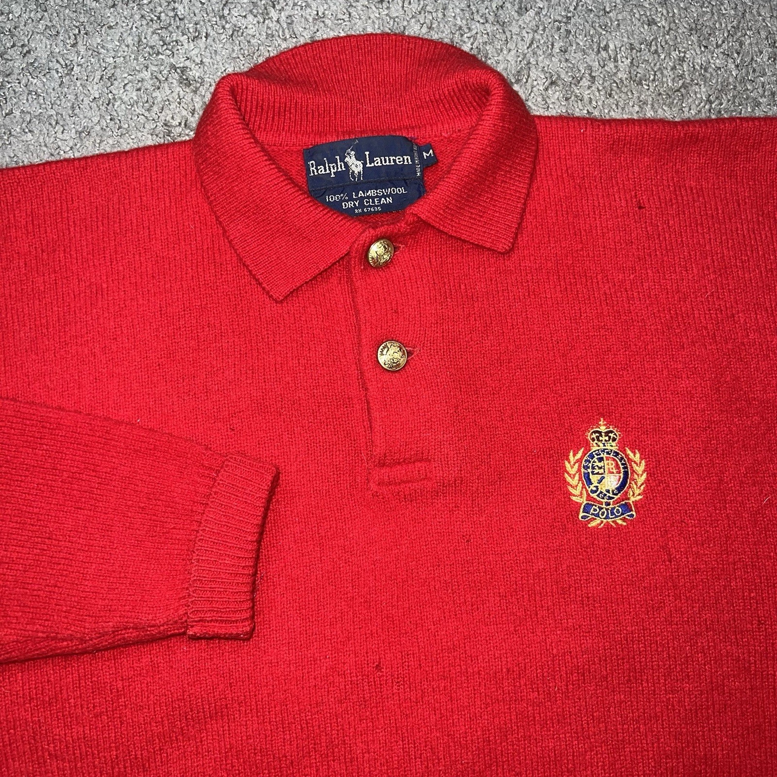 Vintage Ralph Lauren Lambswool Crest Sweater Gold Button Women’s Medium Red