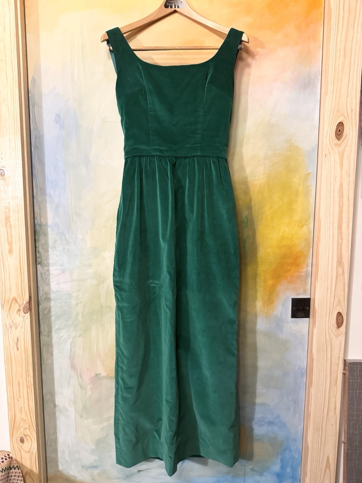 Vintage 50s 60s Emerald Green Velvet Party Cocktail Dress Boat Neck Low Back XS