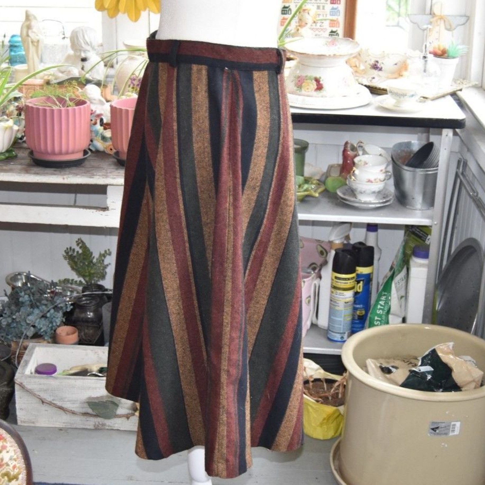 Vintage 70s Chevron Stripe Midi Skirt Talon Zip Wool Blend Medium