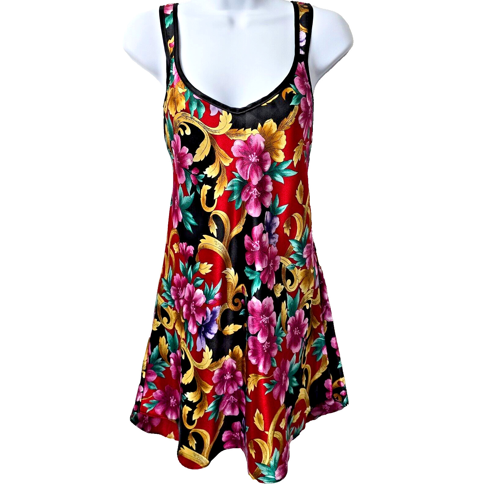 Vintage Lingerie Satin Slip Dress M Chemise A Line Black Floral USA Beach Cruise