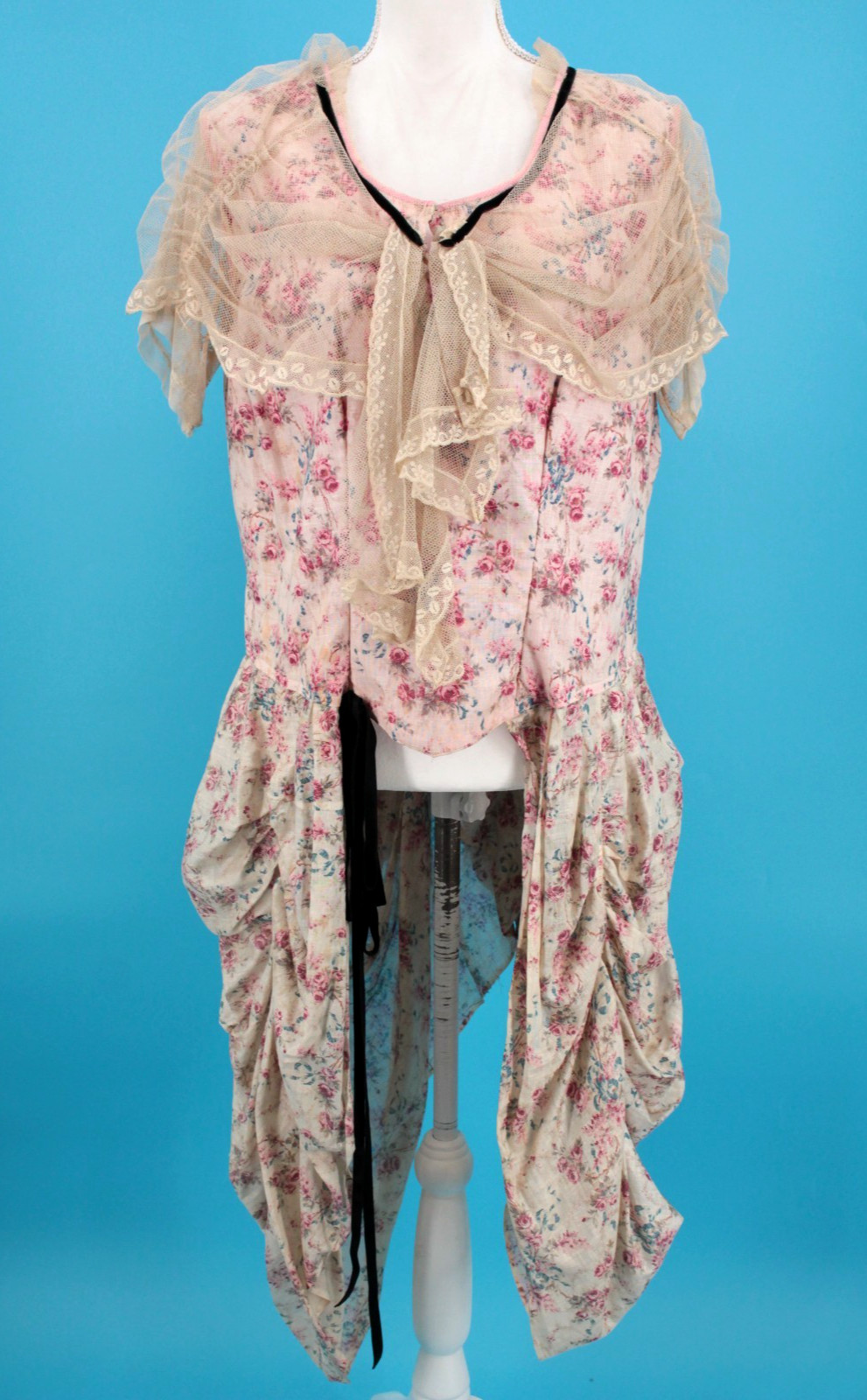 VTG Womens Antique Edwardian Late 1800s Floral Long Peplum Top W/ Lace Shawl M/L