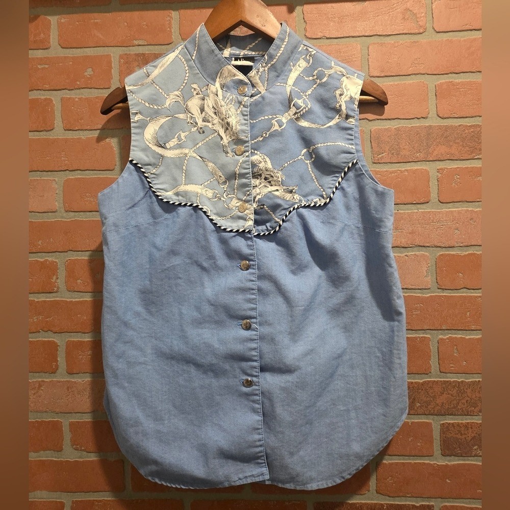 Ali Miles Blue and Cream Button-Down Sleeveless Top Vintage 10 Bin 14