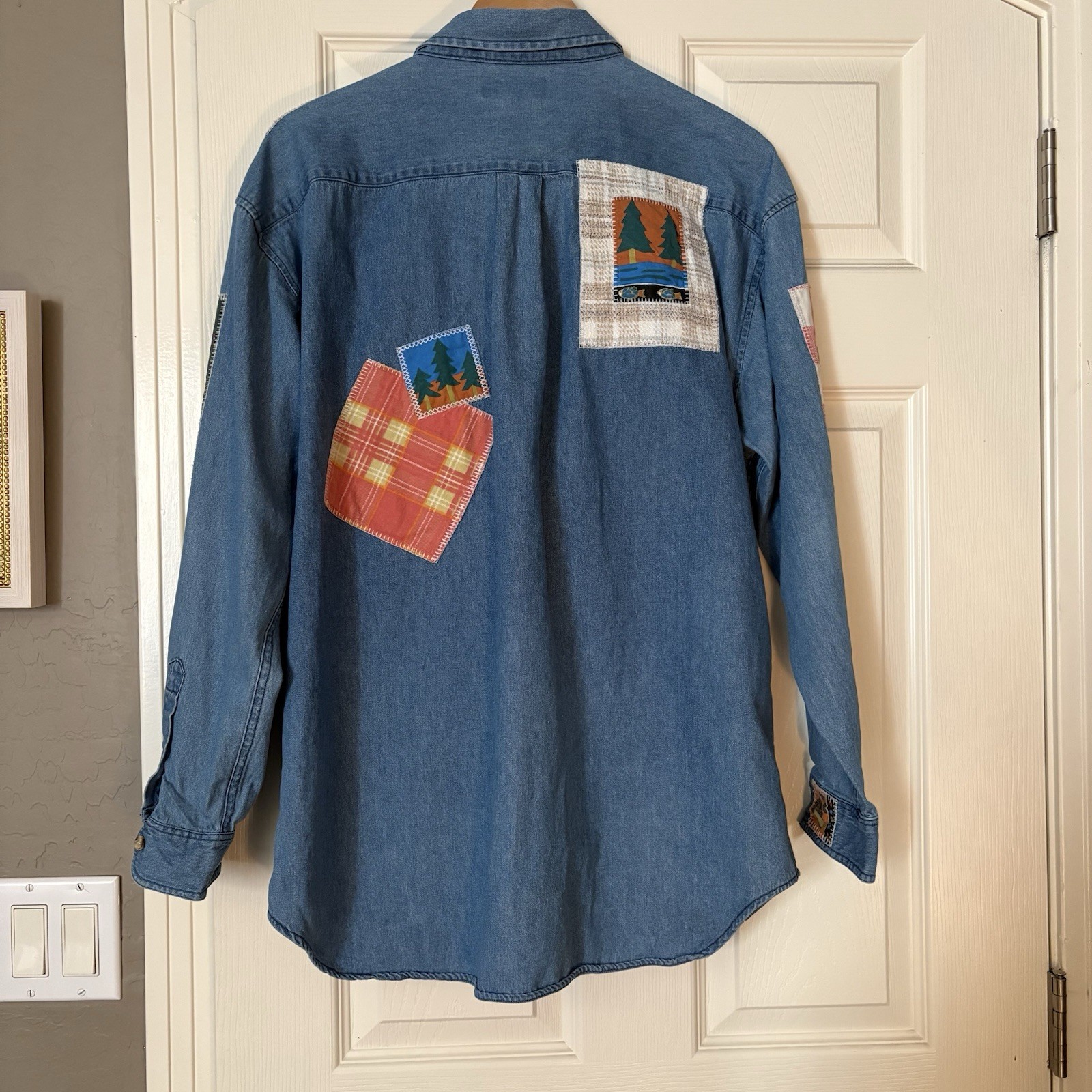 ASHLEY HILL Vintage Denim Patchwork Shirt Size XL 100% Cotton 90s Button Down