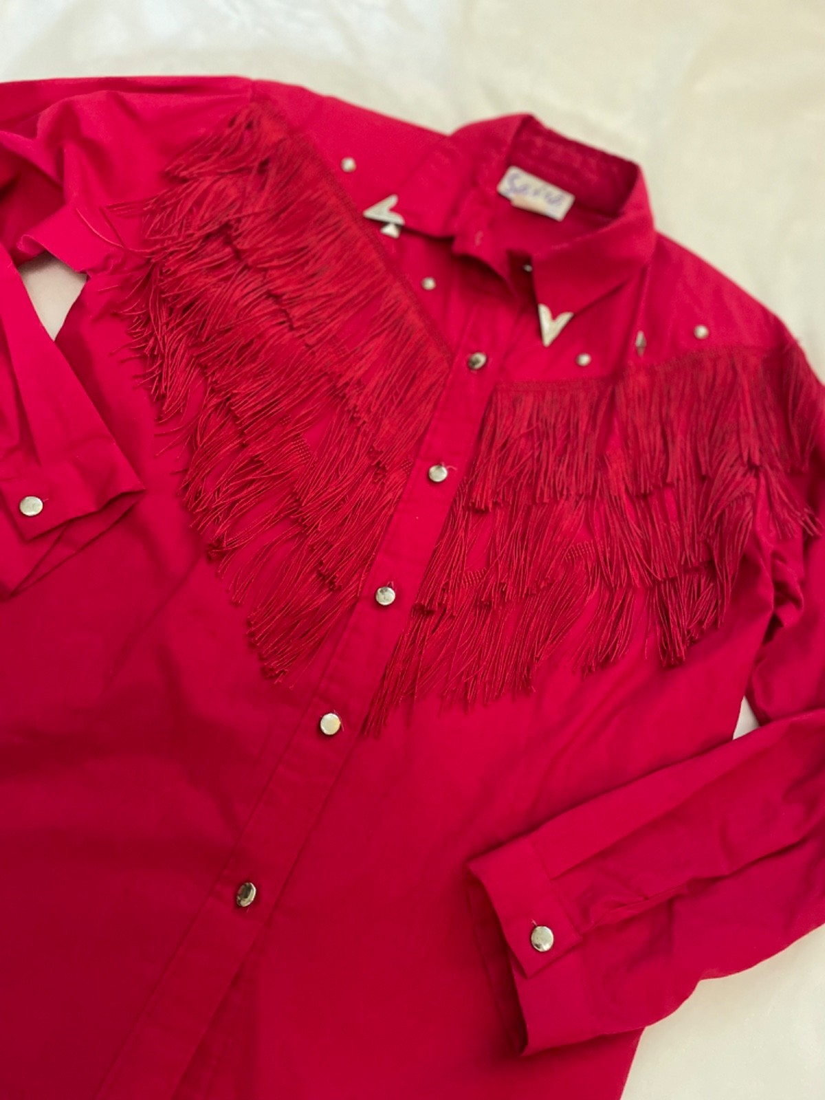 Vintage Sassa Dark Red Western Fringe Silver Accent Button Up Shirt Size Medium