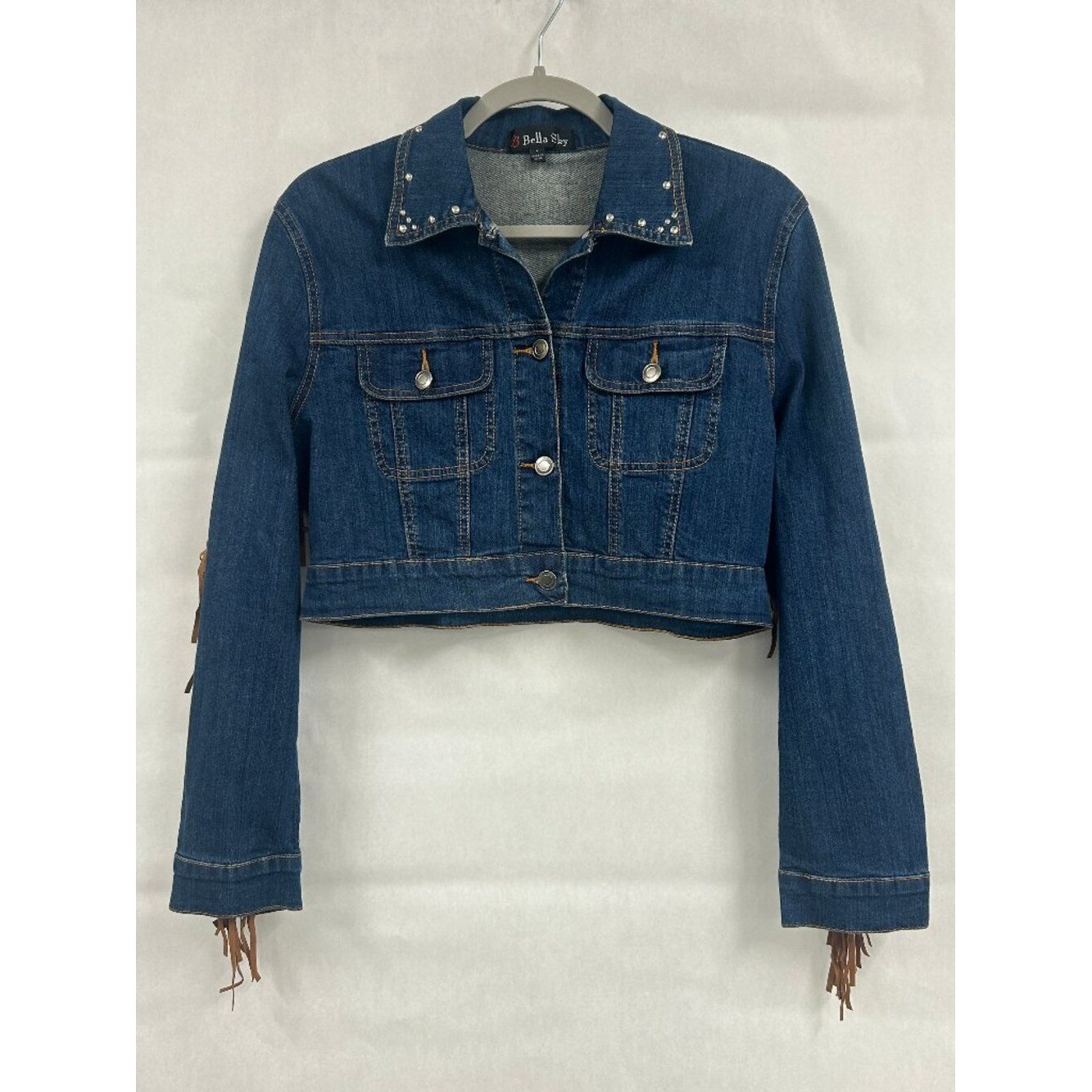 BellaSky Cropped Denim Jacket Fringe Western Studded Boho Country Concert Size L