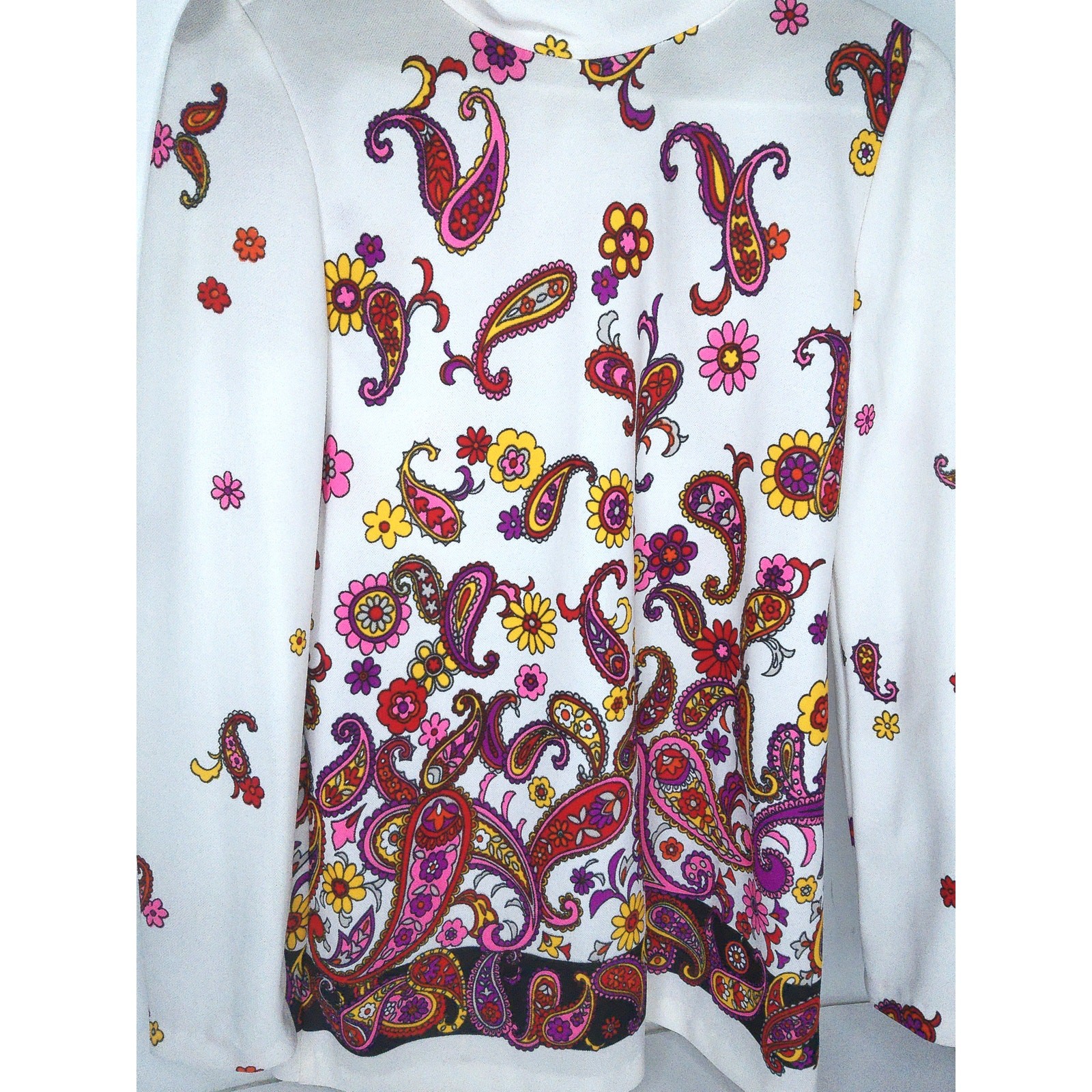 Vintage 70s Psychedelic Paisley Floral Top Retro Hippie Boho High Neck Blouse