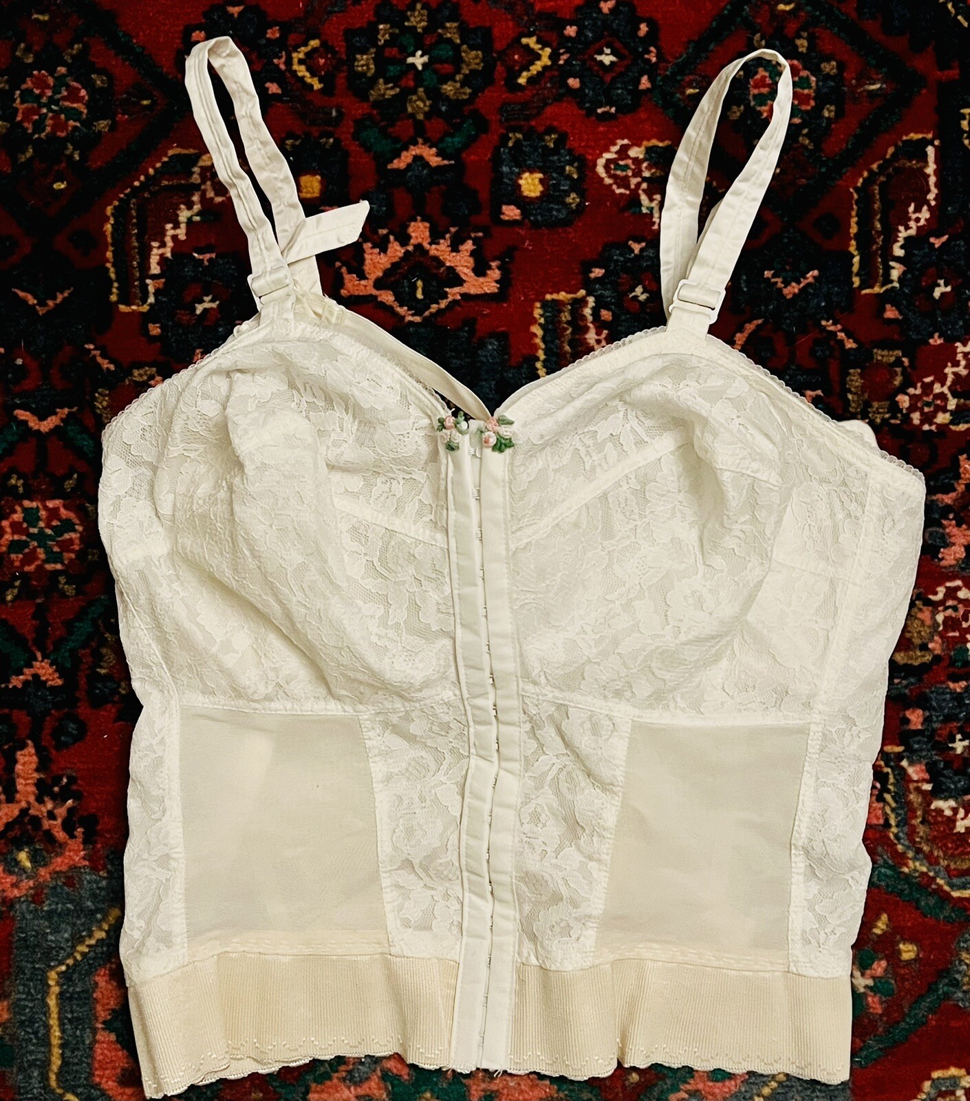 Vintage 1960s Sculptress White Lace Longline Bra w/Banderin Insert Size 38 GG