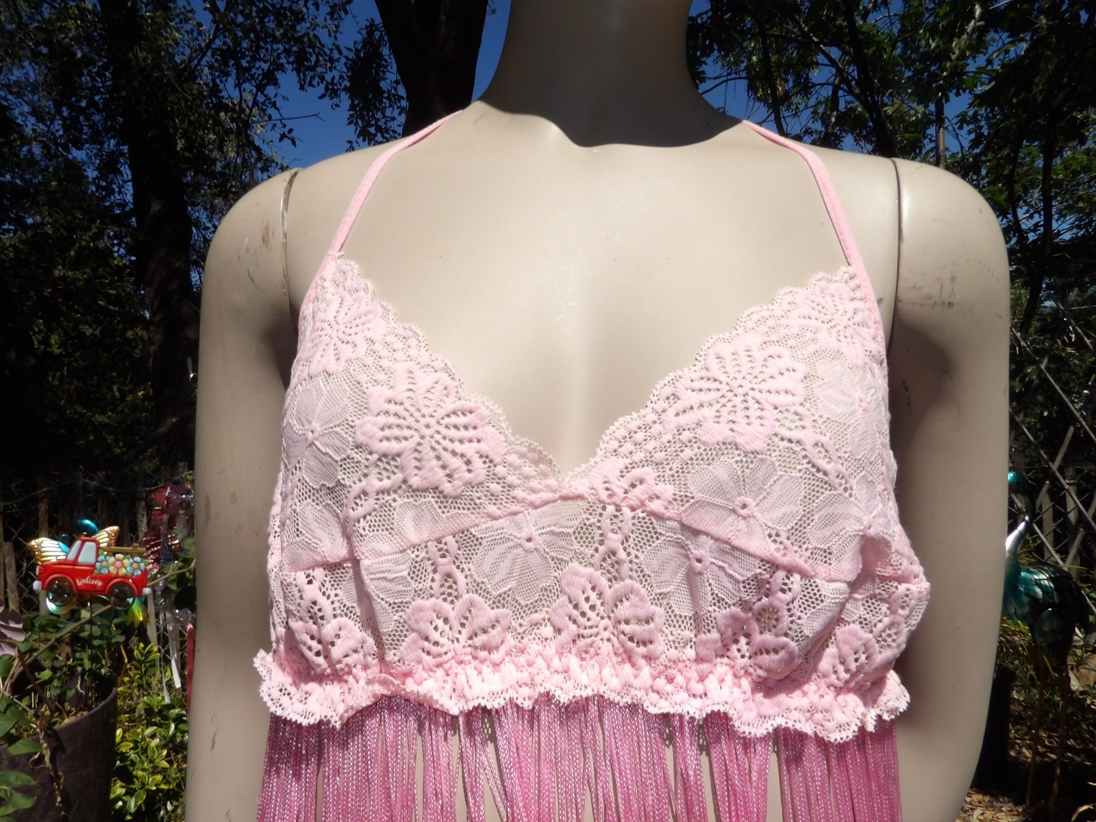 VTG SHIRLEY OF HOLLYWOOD PINK FRINGE & LACE BABY DOLL NIGHTY M