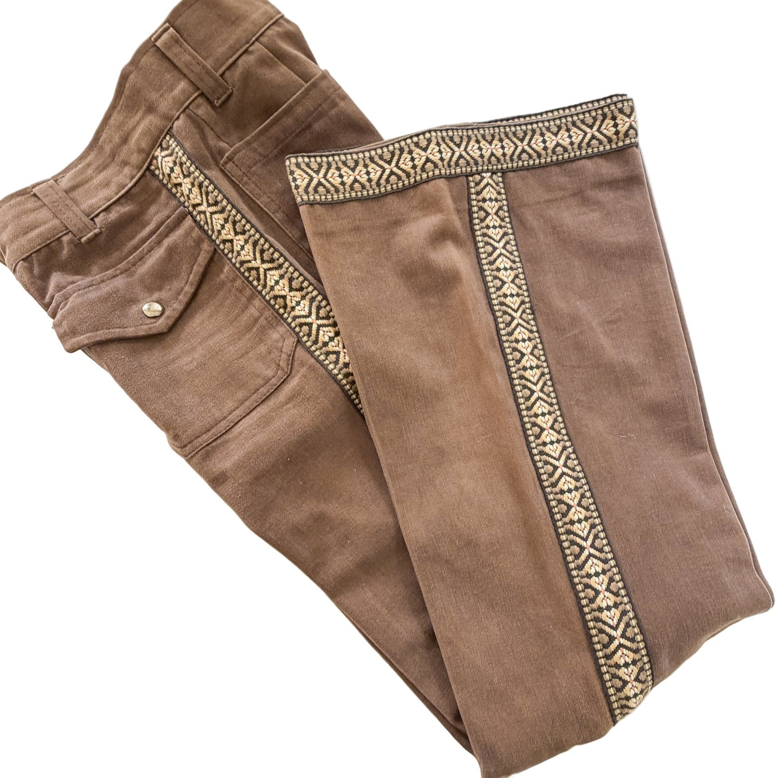 VTG Brown Bell Bottom Jeans, Tapestry Banding, 70s/80s Hippie Pants 29″ Waist